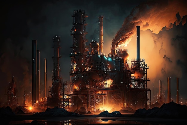 Night shot of smoky working oil mills in refinery complex created with generative ai