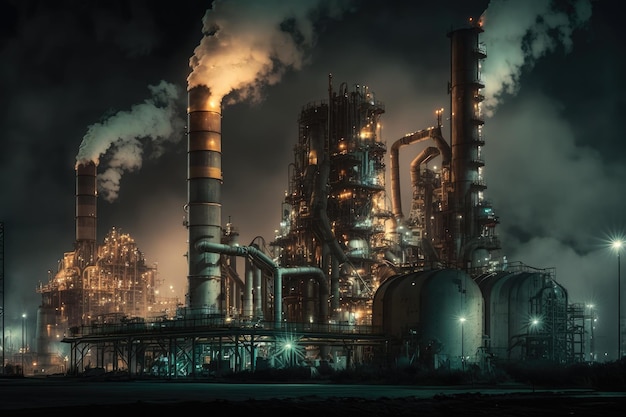 Night shot of smoky working oil mills in refinery complex created with generative ai