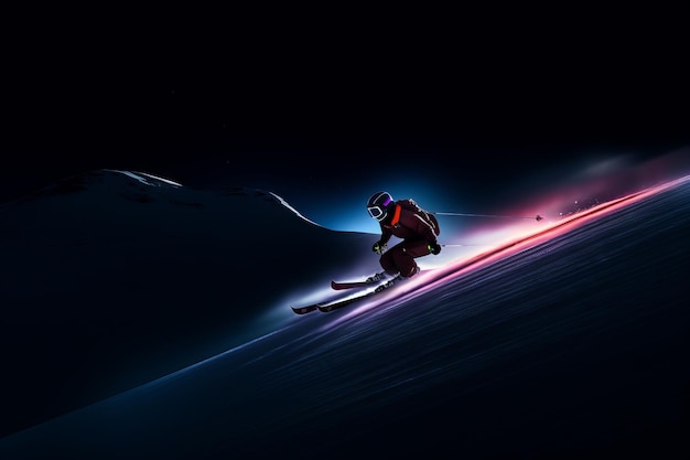 Night skiing with neon lights risky slalom in the middle of the snowy mountain winter risky sport