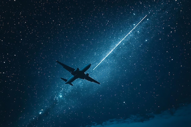 Photo night sky adventure plane tracing a celestial flight path