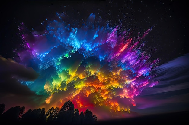 Night sky comes alive with neon rainbows in the clouds generative IA