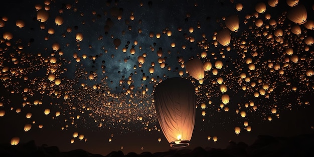 night sky full filled with flying chinese lantern