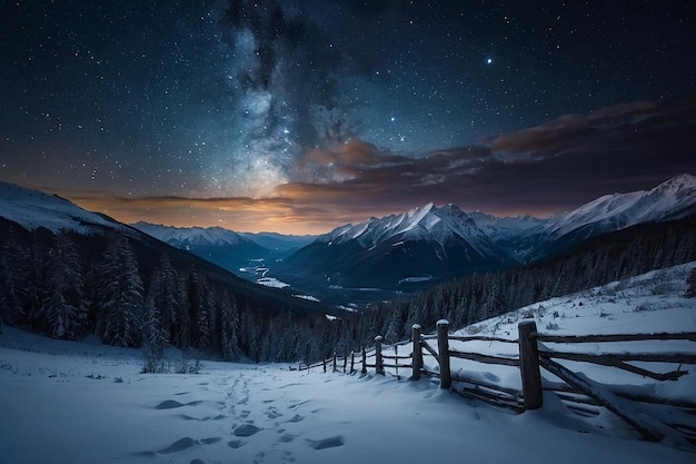 Night sky illuminating a majestic winter landscape and mountains