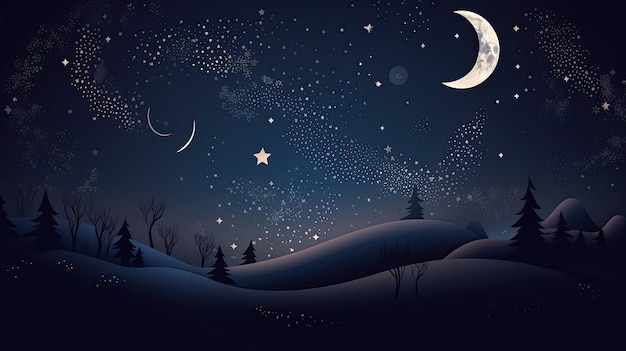 Night sky illustration with shimmering stars and a crescent moon