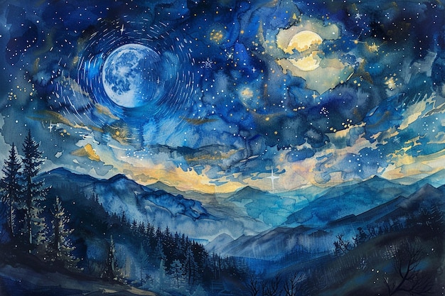 Night Sky Mountain Watercolor Painting