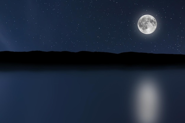 Night sky river background with moon and stars. Full moon.