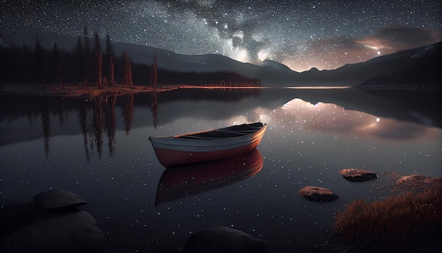 Night sky over tranquil mountain lake reflects stars generative AI