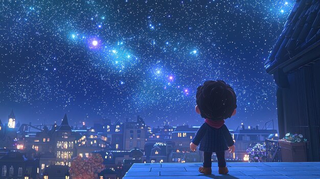 Night Sky View from Rooftop Boy Gazing at Stars in Cityscape