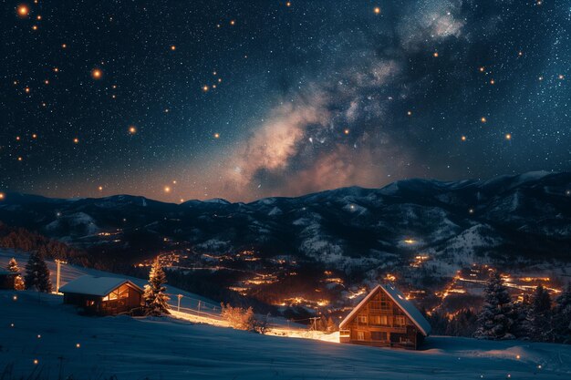 Photo night sky view of illuminated snowy mountain village under starry sky and milky way