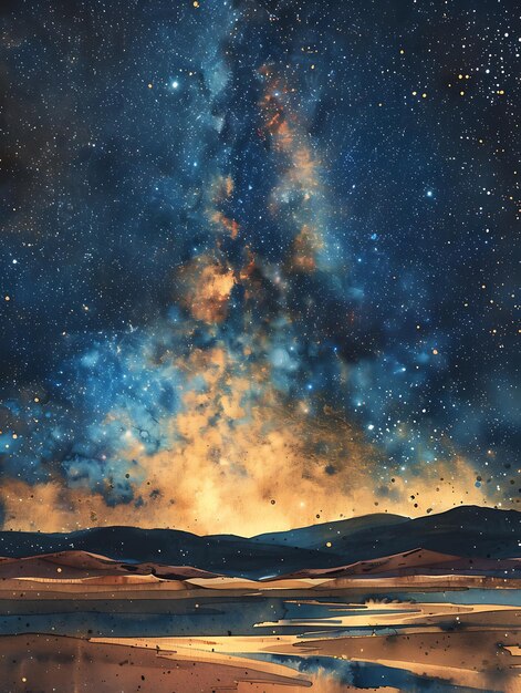 Night Sky Watercolor Abstract with Silhouettes of Mountains and Water