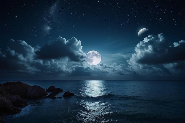 Night sky with clouds and moon over the sea landscape