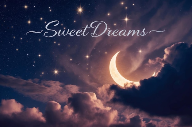 Photo night sky with crescent moon and stars accompanied by sweet dreams text