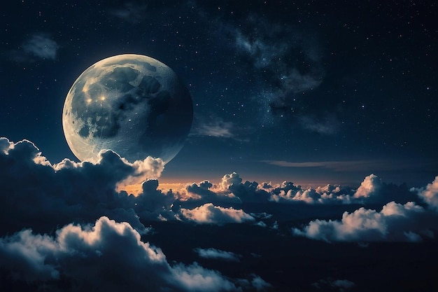 Night sky with a fictional moon above the clouds