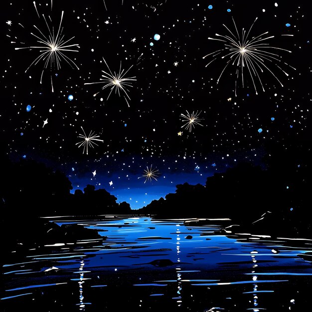 Photo night sky with fireworks reflected in a lake