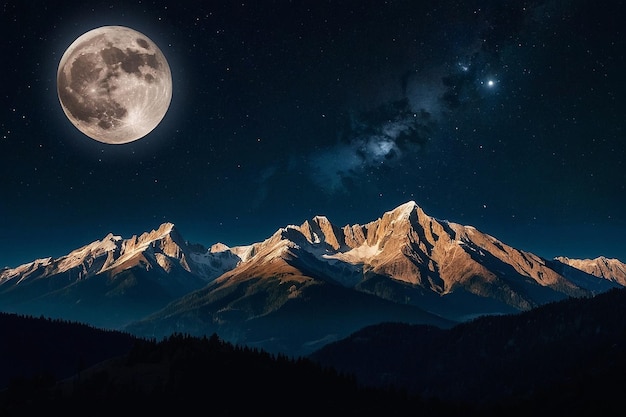 Night sky with a full moon and mountains in the background