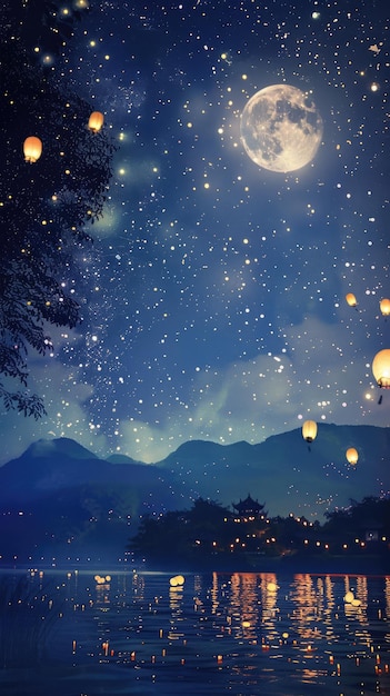 Night sky with full moon stars mountains and lanterns reflecting in the water