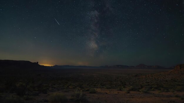 a night sky with a galaxy and a desert landscape