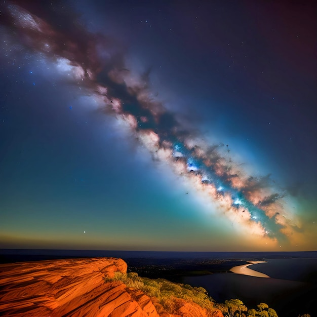 A night sky with a milky way and a river in the distance.