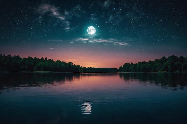 Night sky with the moon reflected on a lake