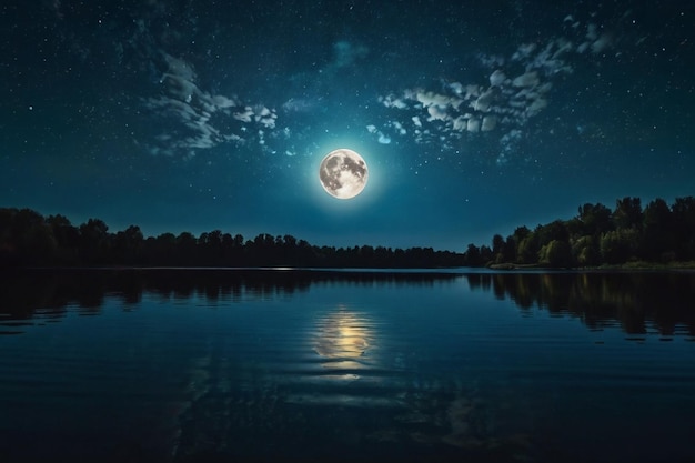 Night sky with the moon reflected on a lake