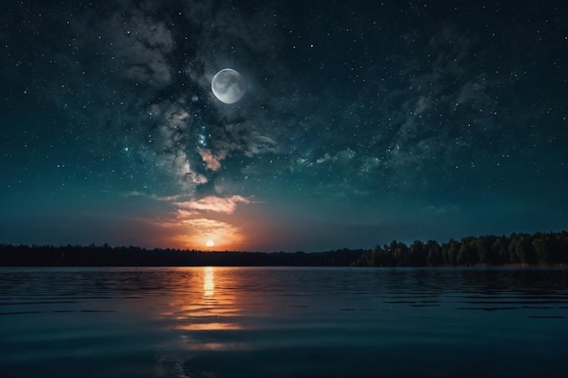 Night sky with the moon reflected on a lake