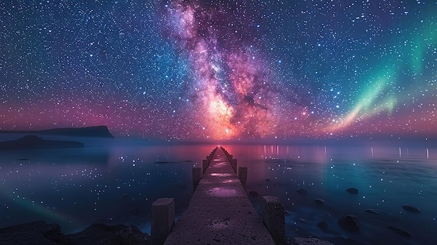 a night sky with a pier and a sign that says  galaxy