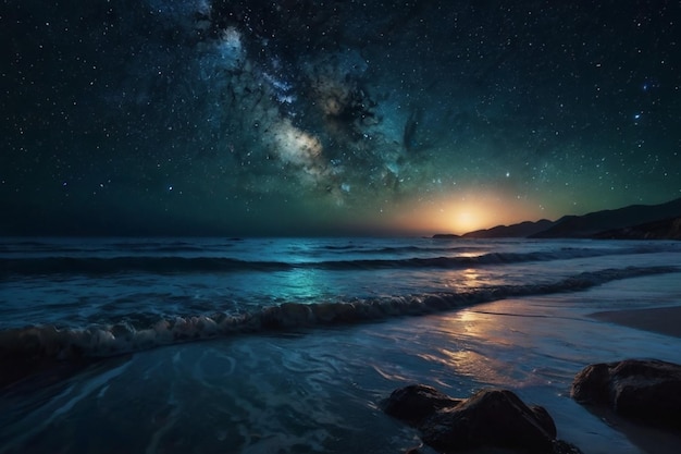 Night sky with stars over a calm ocean