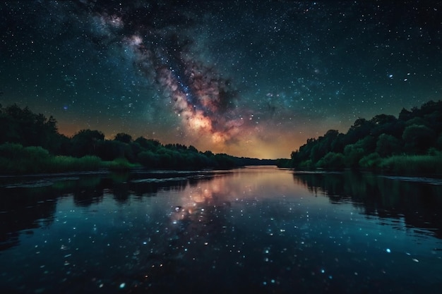 Night sky with stars over a calm river