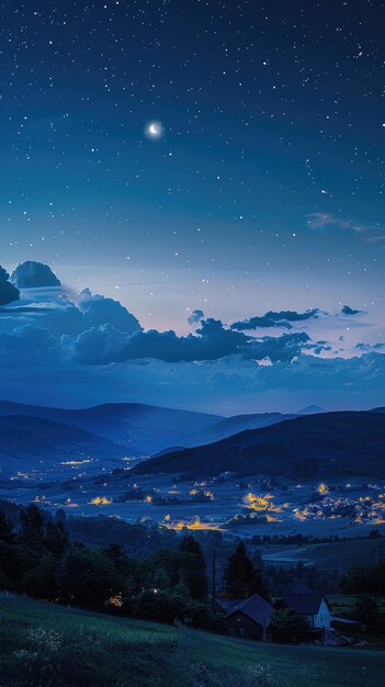 Night sky with stars and a crescent moon over a small town nestled in a valley