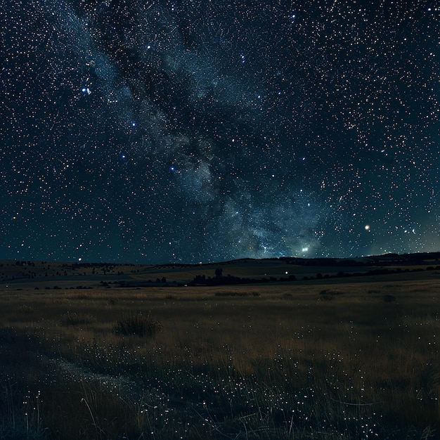 a night sky with stars and a field with a field and a field with a field with a field with a tree an