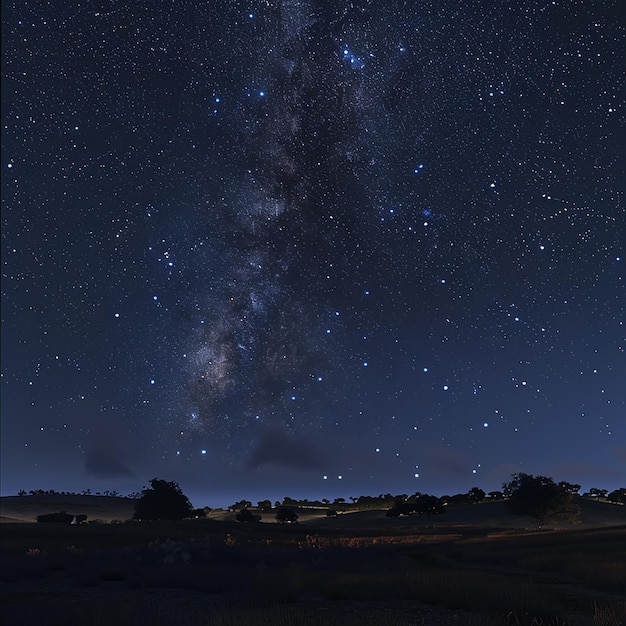 a night sky with stars and a field with a field and trees