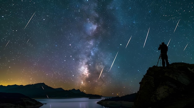 a night sky with stars and a mountain with a lake in the background