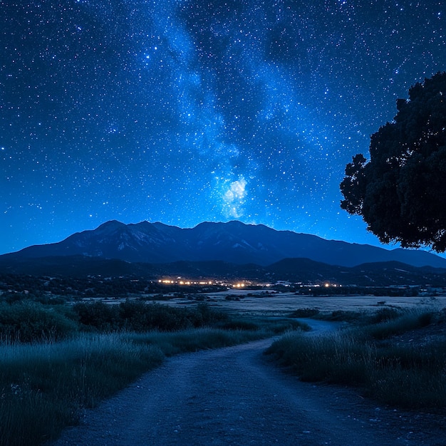 Photo a night sky with stars and mountains in the background