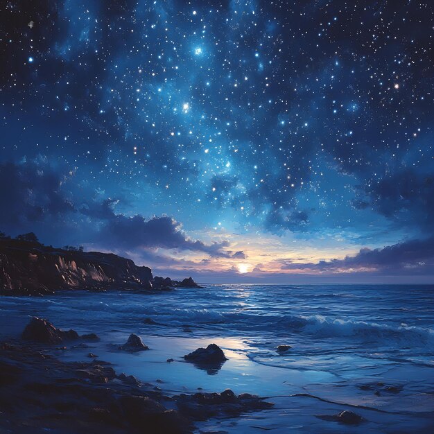 A night sky with stars and the ocean in the background