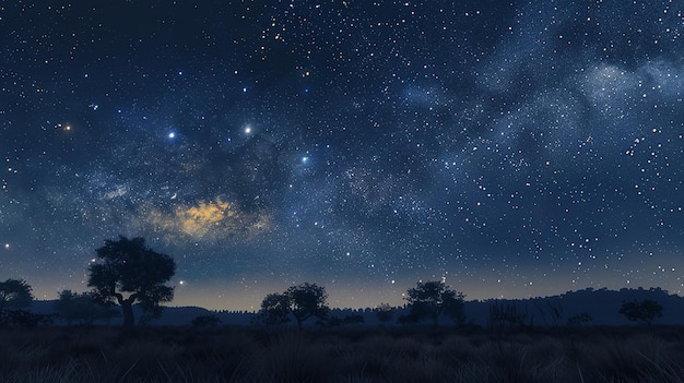 a night sky with stars and a tree