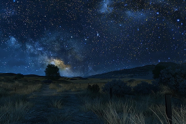 a night sky with a tree and a hill in the background