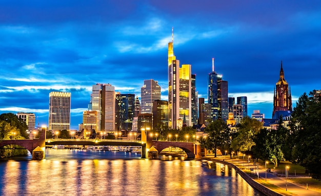 NIght skyline of Frankfurt above the Main river in Germany