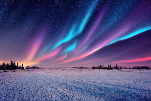 Night snowcovered field fir trees in the distance and a starry sky with northern lights