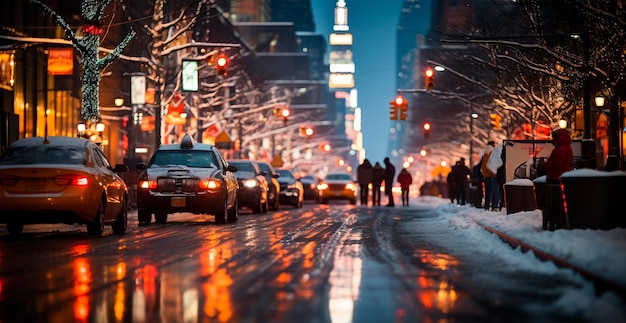 Night snowy Christmas American city New York New Year holiday blurred background AI generated image