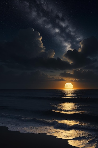 Night starry sky moonlight shining on the sea water lonely thoughts wallpaper background banner