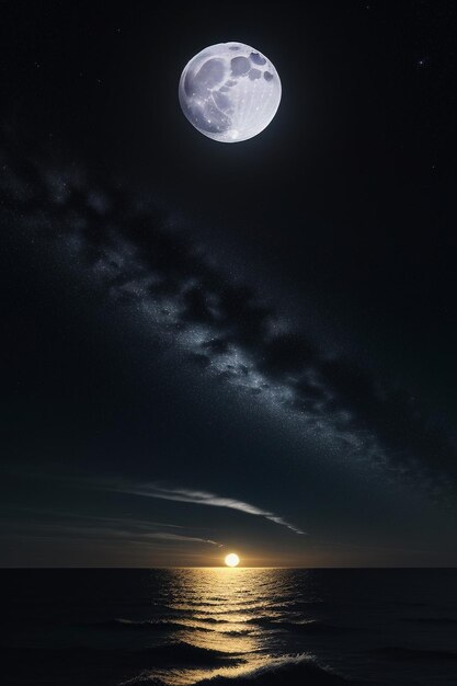 Night starry sky moonlight shining on the sea water lonely thoughts wallpaper background banner