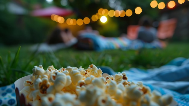 Photo the night starts with a movie projected on a screen popcorn bean bags and lounge chairs and children playing in the grass