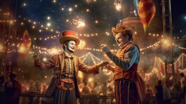 Night street circus performance whit two clowns juggler Festival city background fireworks and Celebration atmosphere