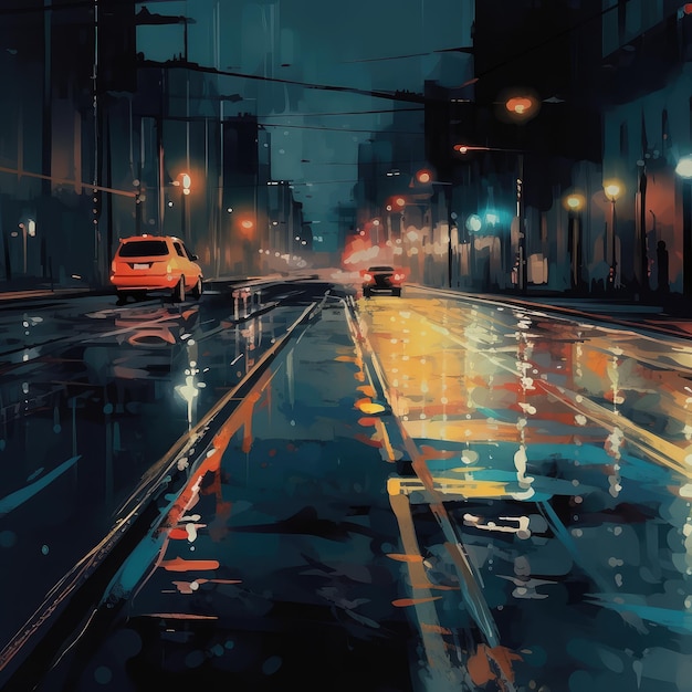 night street scene with reflections on wet road and glowing streetlights