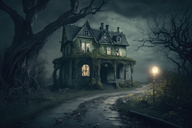 Night street with abandoned horror house of extremely frightening and scary looks