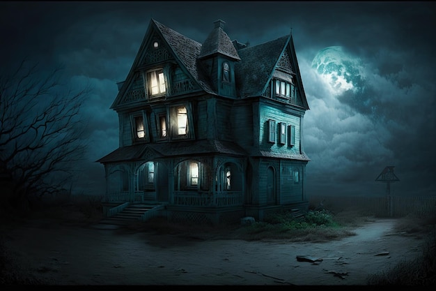 Night street with abandoned horror house of extremely frightening and scary looks