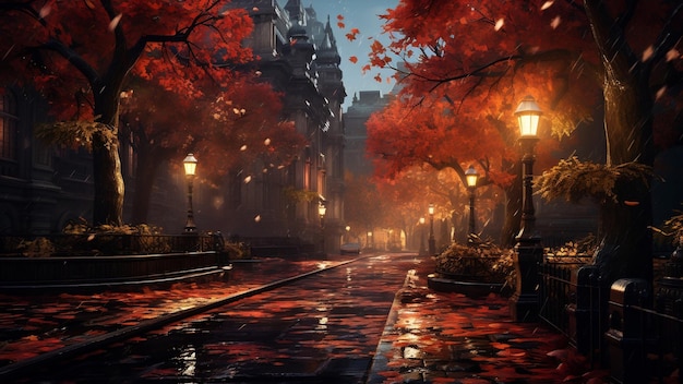 Night street with fallen leaves in autumn season quite sleepy city