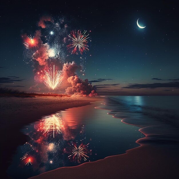 A night time picture of fireworks with a crescent moon in the background.