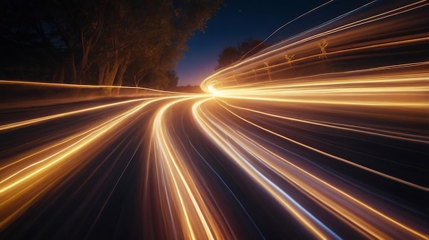 Photo a night time picture of a road with a car and the lights on it