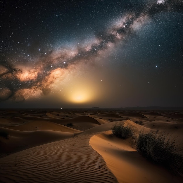 A night time shot of the milky way over the desert.